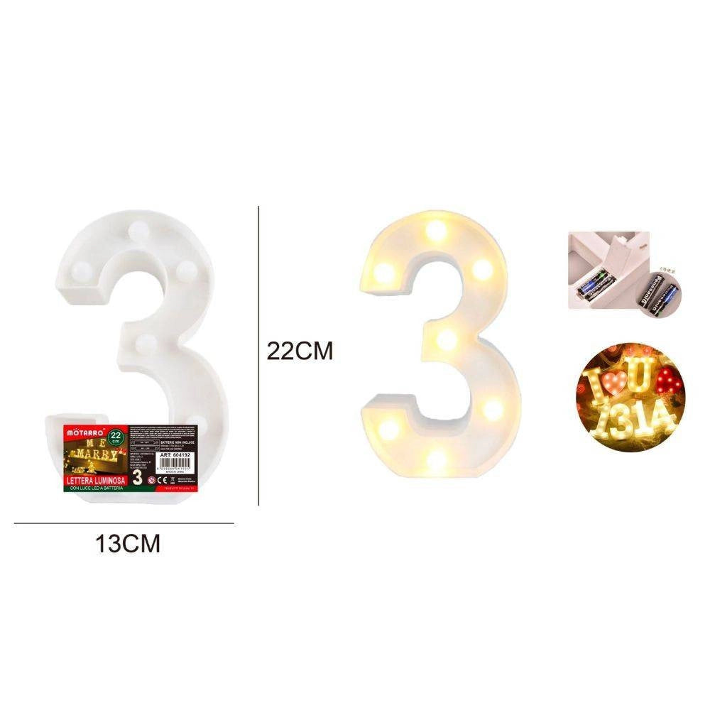 Trade Shop - Numero 3 Luminoso Con Luci Led A Batteria Decorazioni Per La Casa Dim. 22 Cm -