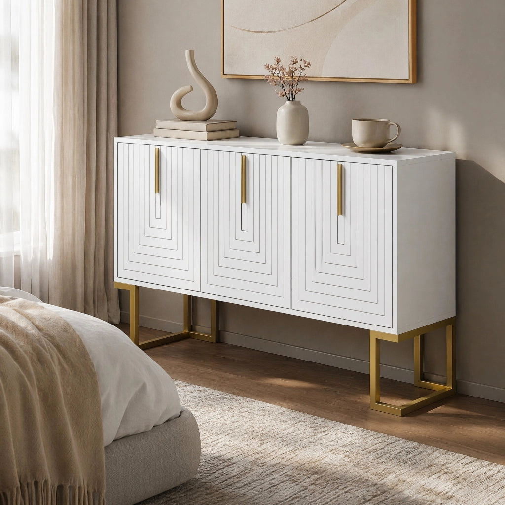 Sideboard moderno con 3 ante, ripiani regolabili, maniglie in metallo e base a U, bianco