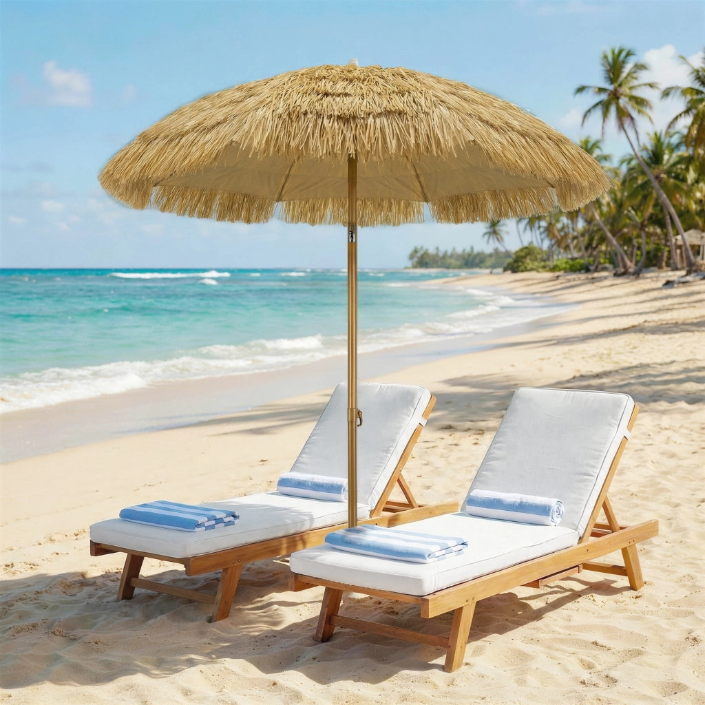 Ombrellone da spiaggia con frangia in paglia ¨C zephmum ¨C marrone chiaro, ?178 cm, regolabile in altezza, UV50+, con borsa