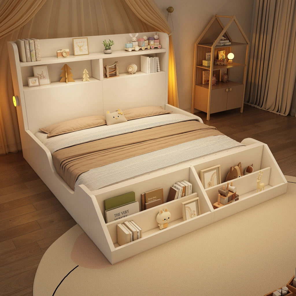 Letto per Bambini 140 x 200 cm - Mensole; Luci Notturne e Libreria Rimovibile - Bianco
