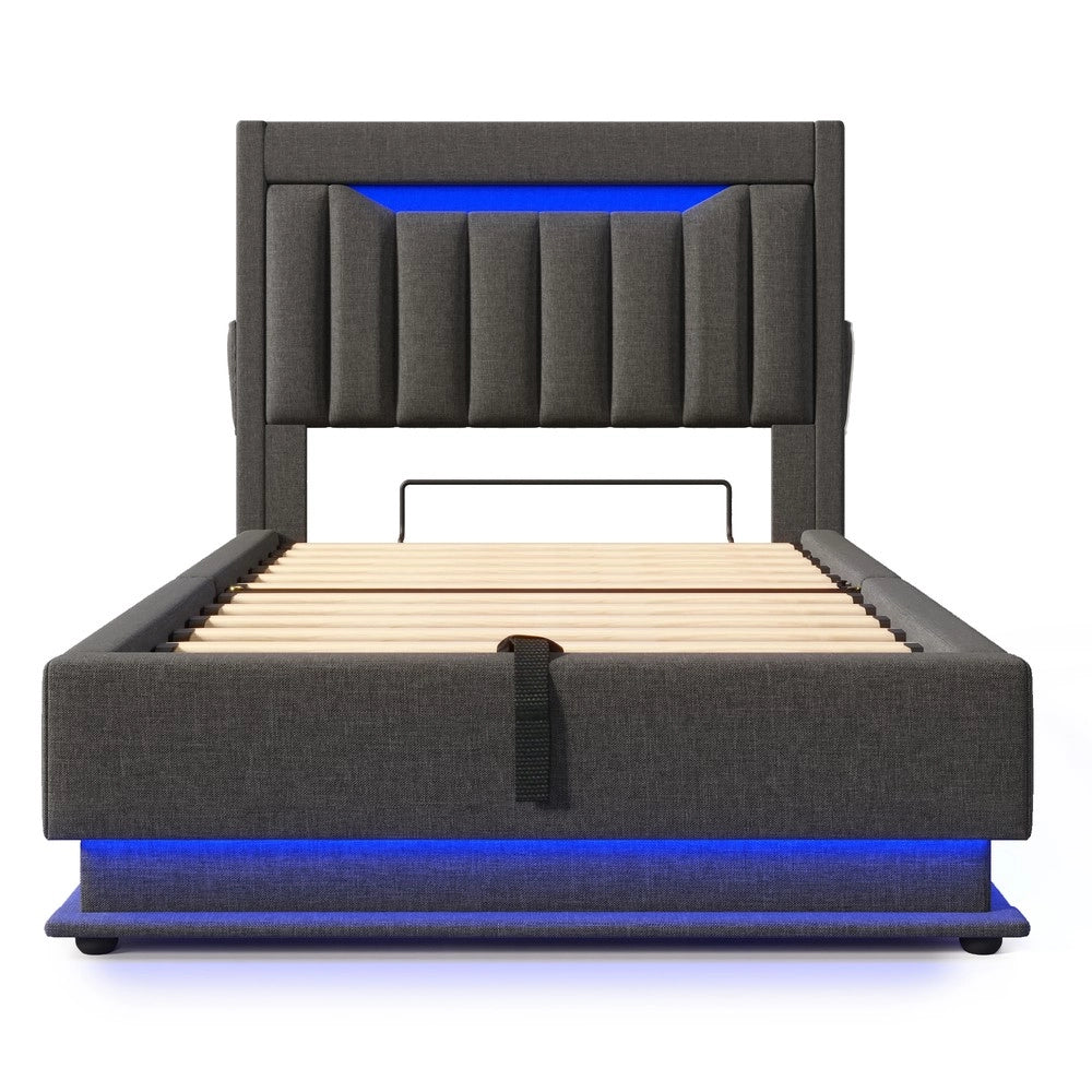 Letto Singolo Imbottito con Contenitore Idraulico e LED ¨C MINIMAL ¨C 90x200, Grigio Lino