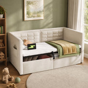Divano letto imbottito 90x200 cm beige in velluto con contenitore e ricarica USB