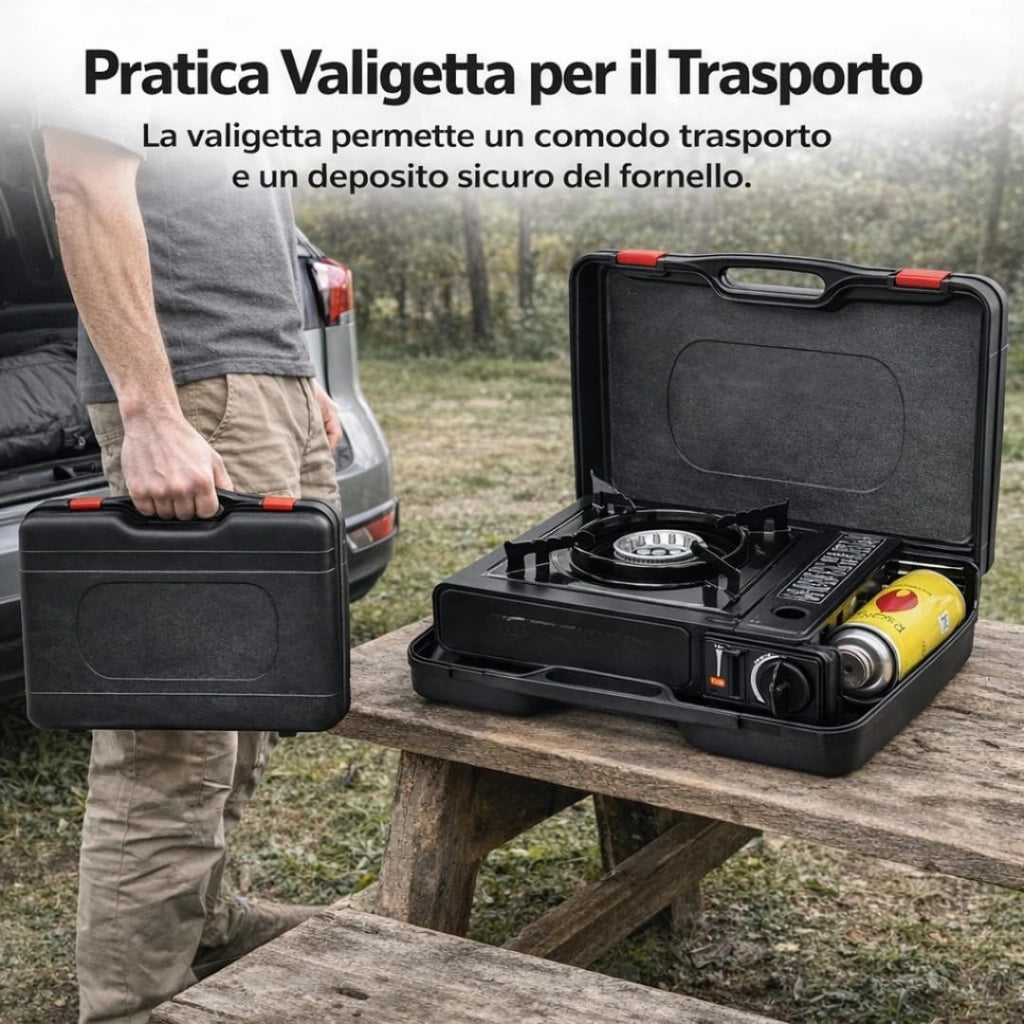 Fornello da Campeggio a Gas Portatile All-in-One con Valigetta Rigida per il Trasporto, Ideale per Campeggio, Picnic e Outdoor, Senza Cartuccia di Gas.