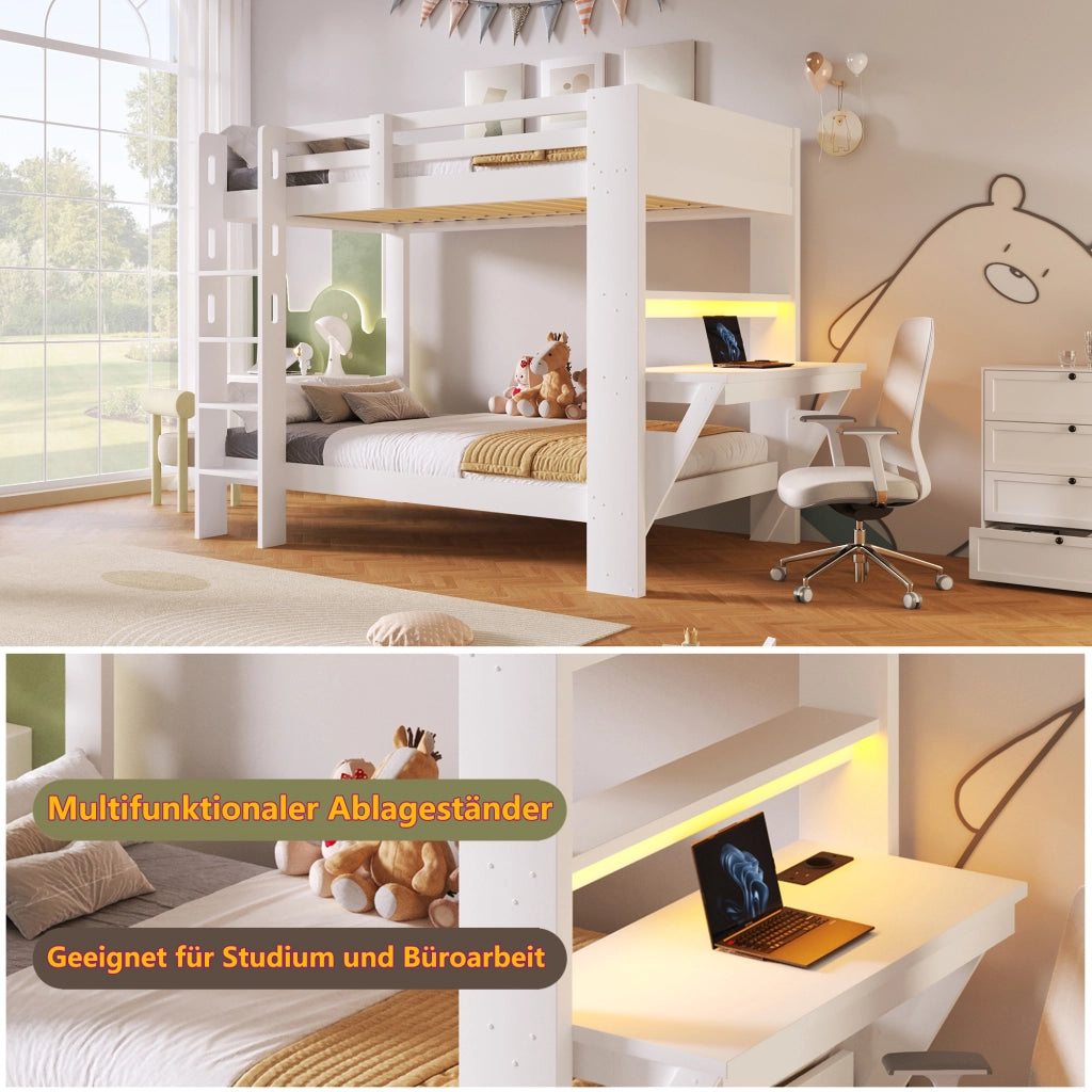 Letto a Castello 90x200 cm con Vani Contenitore; LED; Tavolo; Scala e Sponde; Bianco