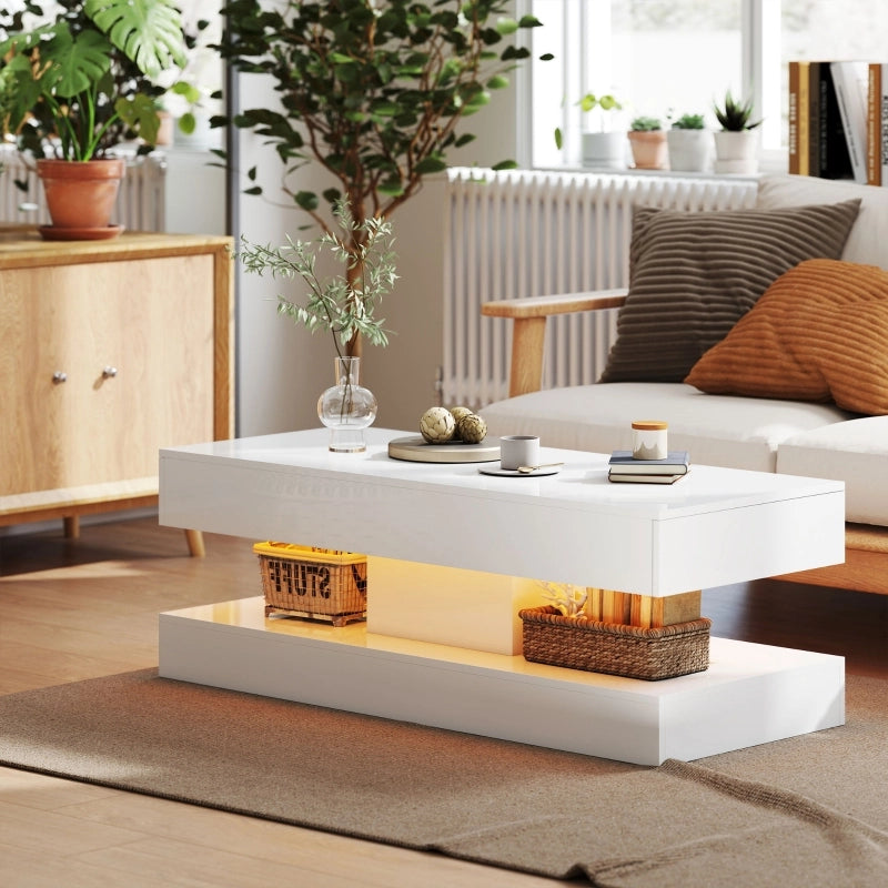 TAVOLO da salotto 120x50x42 cm bianco lucido con LED e 2 cassetti