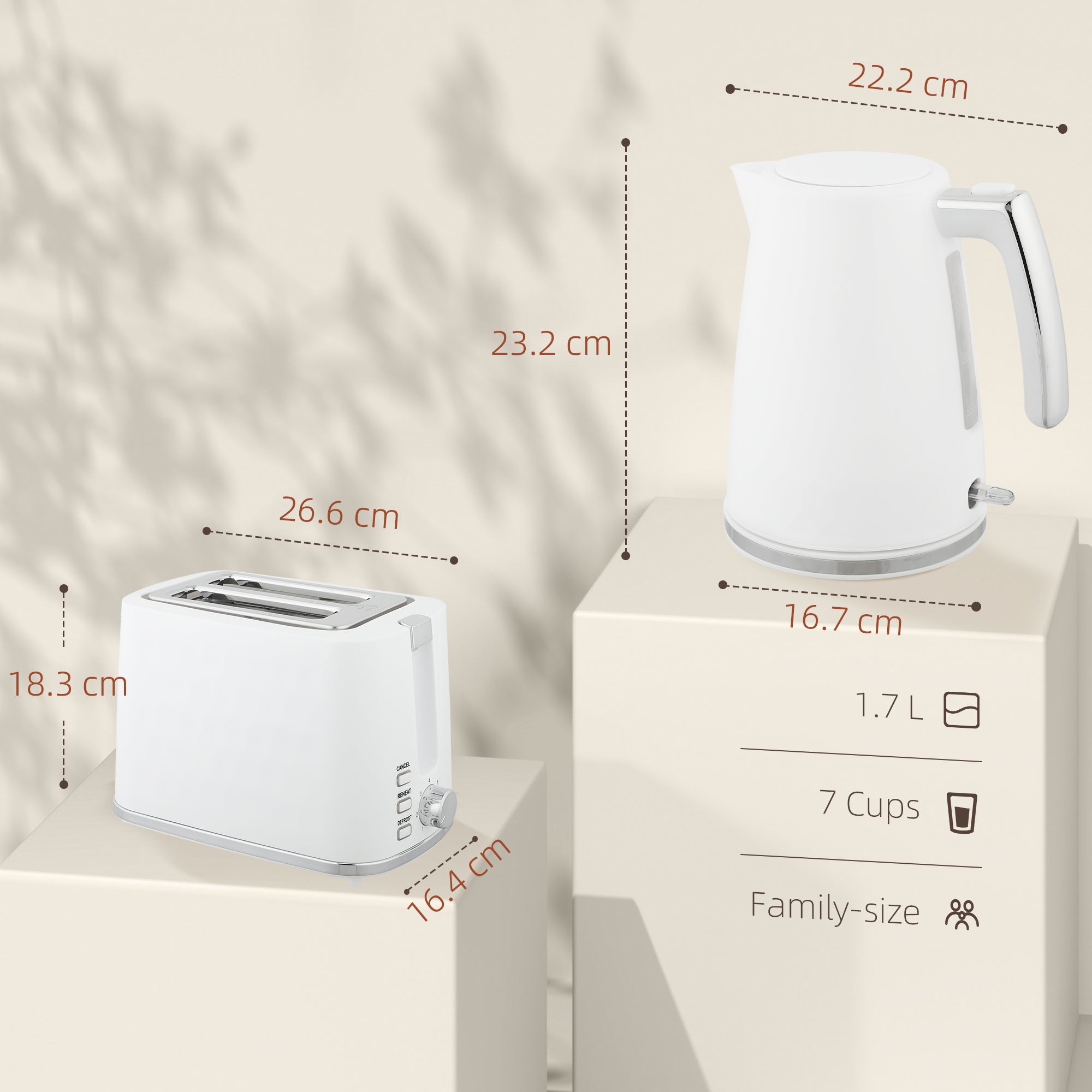 Set Bollitore Elettrico 2200W da 1,7L e Tostapane Doppio con 7 Livelli di Doratura Bianco