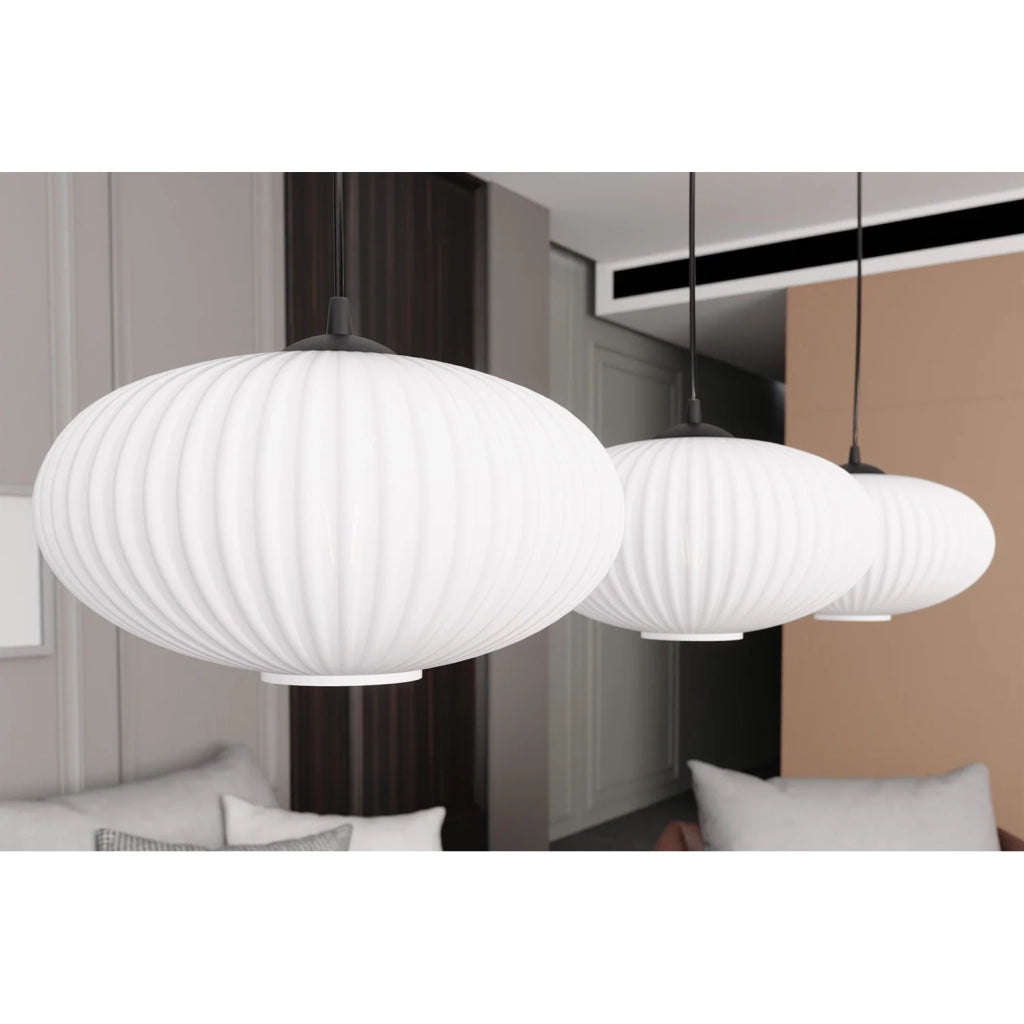 Lampadario 3 Luci Iris In Acciaio Nero Paralume Plissettato Bianco
