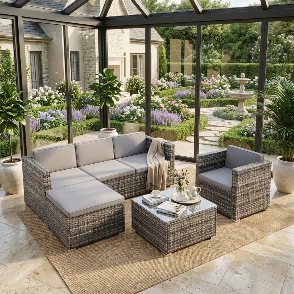 Set Da Giardino Modulare In Polyrattan Salotto Da Esterno Con Cuscini Imbottiti E Tavolino Basso Composizione Personalizzabile Per 4/5 Persone Ideale Per Terrazza Veranda Patio Balcone E Outdoor Grigio