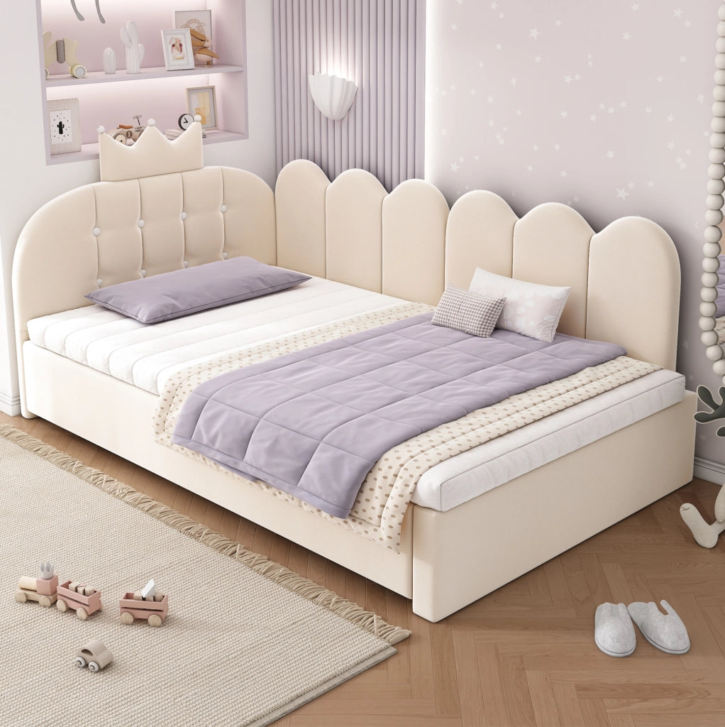 Letto singolo imbottito 90x200 cm con letto estraibile beige