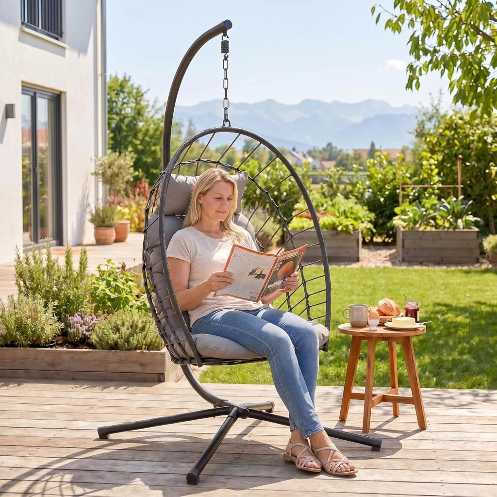 Poltrona sospesa con telaio, pieghevole con cuscino, per interni ed esterni, per il tempo libero, per adulti e bambini, per giardino, terrazza, balcone, soggiorno, portata fino a 160 kg