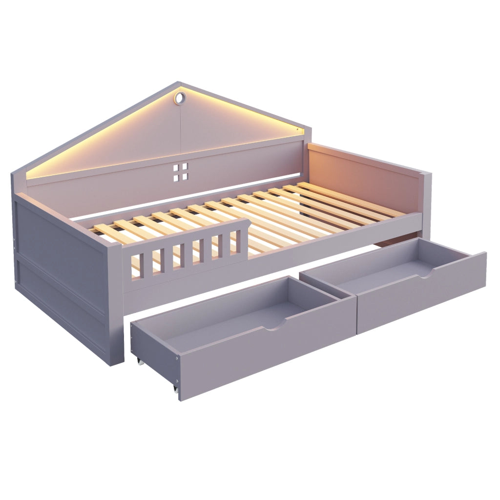 Letto singolo 90×200 cm con 2 cassetti; LED e struttura in legno massello e MDF; senza materasso; grigio