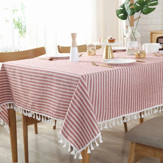 Tavolino coperto con stoffa di cotone lino a strisce con palline - Copertura tavolino stoffa densa - Tavolino coperto rettangolare - Disponibile in diverse misure - Adatto come decorazione per tavolo in cucina e sala da pranzo (100 x 140 cm)