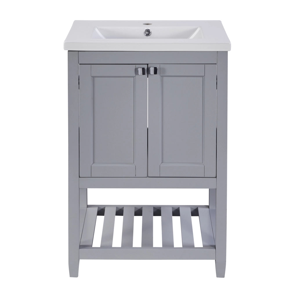 Mobile sottolavabo da terra con lavabo in ceramica; spazio aperto sotto il mobile; in legno massello e MDF; grigio e bianco