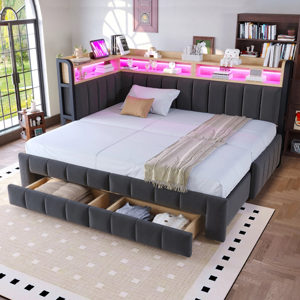 Divano letto imbottito 90x200 trasformabile 180x200, contenitori, cassetti, LED e USB/Type-C