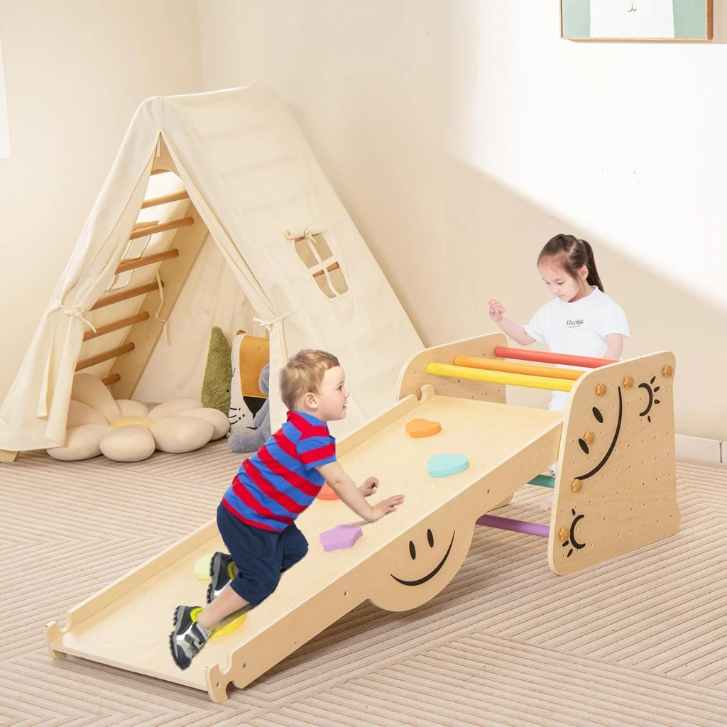 6 in1 Set Arrampicata per Bambini, Giocattoli da Arrampicata in Legno con Rampe Reversibili, Altalena, Sgabello Regolabile in Altezza, Scala da Arrampicata per Bambini 3+ Anni
