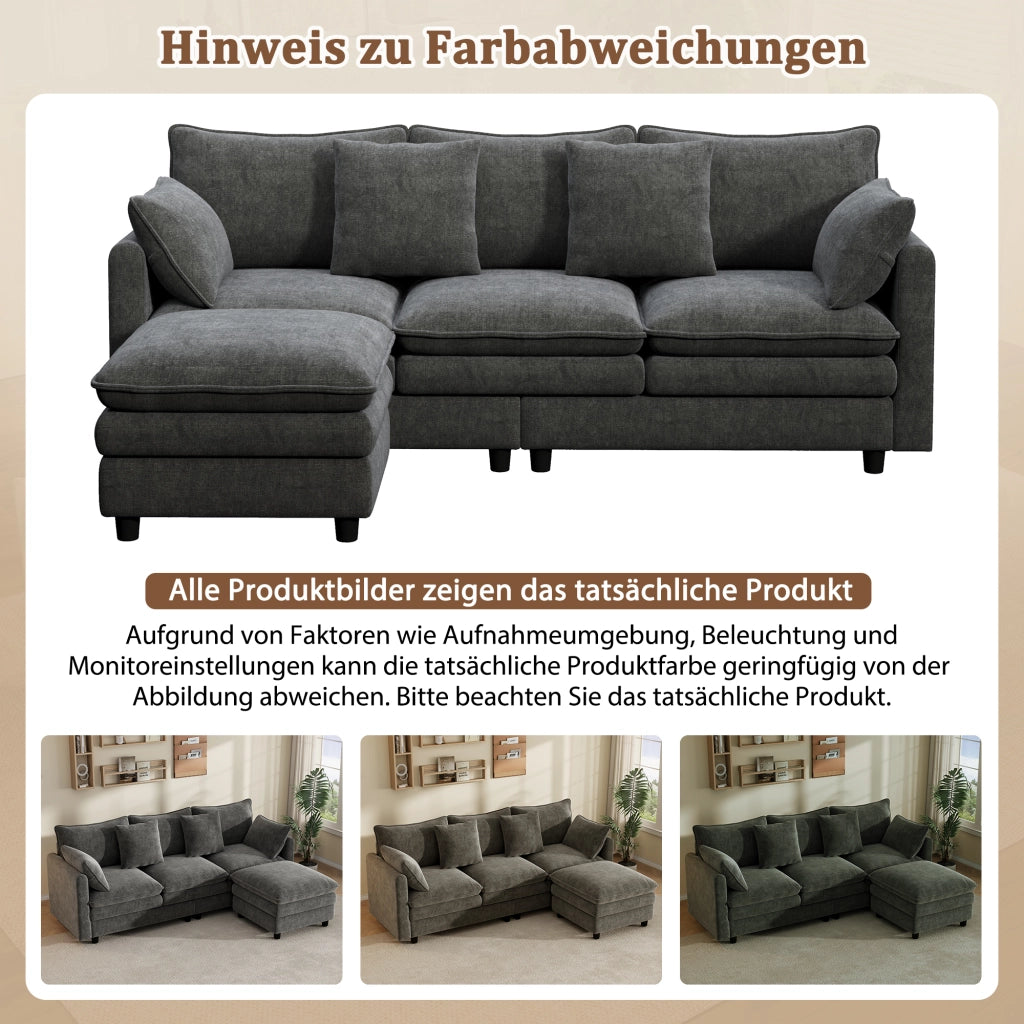 Divano angolare a L con chaise longue mobile, 3 posti, 212¡Á150¡Á90 cm, in tessuto Chenille grigio, portata fino a 120 kg
