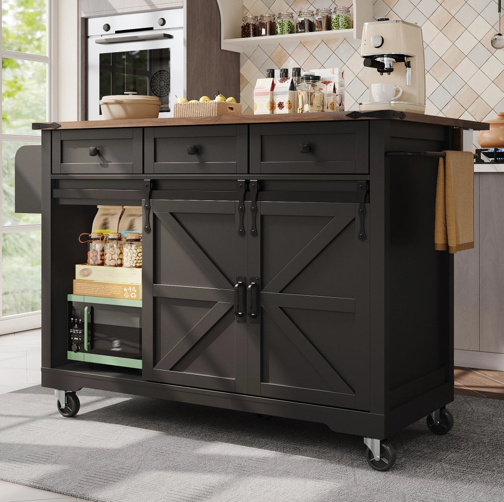 Isola cucina 140x45 cm pieghevole con 3 cassetti e ante scorrevoli; MDF; nero