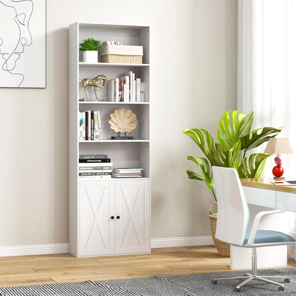 Libreria Scaffale con Ante, Libreria in Legno con 6 Ripiani e 2 Ante, Mobile Multiuso con Ripiano Regolabile per Soggiorno, Camera da Letto, Cucina, 60 x 24 x 180 cm, Bianco