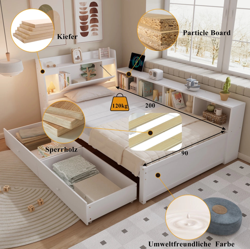 Letto singolo 90x200 cm bianco con luci, presa e cassetti