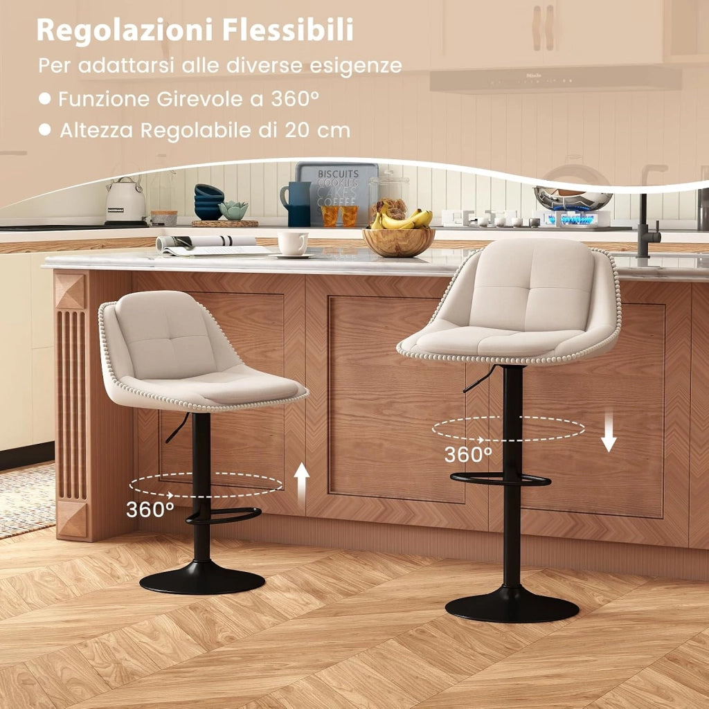 Set di 2 Sgabelli da Bar Regolabili in Ciniglia con Poggiapiedi | Set di 2 Sedie da Bar Girevoli con Cuscini Imbottiti per Schiena e Seduta per Isole Cucina e Sale da Pranzo