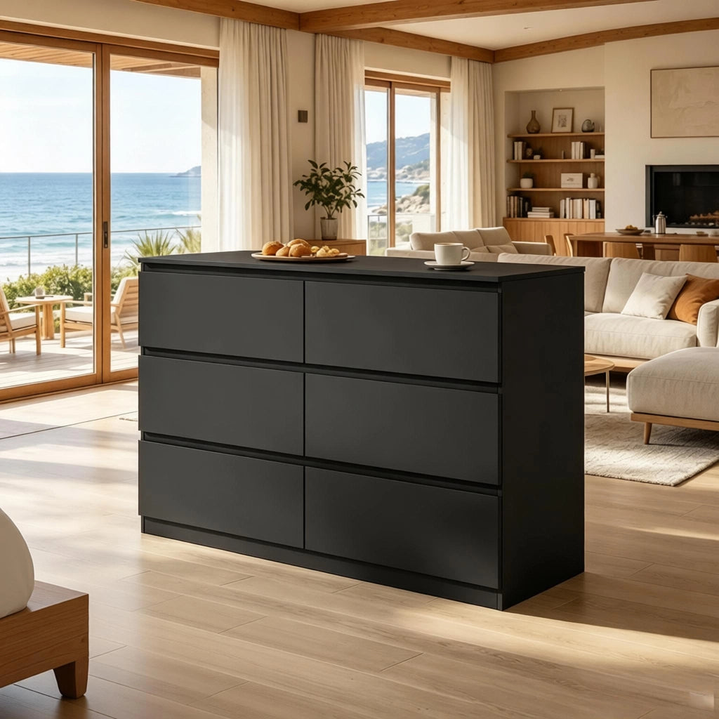 Credenza con 6 cassetti, per soggiorno e camera da letto, in legno ingegnerizzato, nero, 120 × 40 × 75 cm