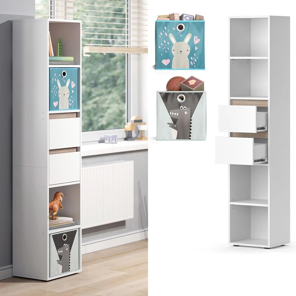 Libreria bambini Robert, Bianco, 36.2 x 171 cm con box pieghevoli colorati, adatto per riporre giocattoli e libri