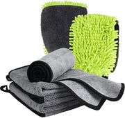 Set di pulizia autoreinigimento 5 pezzi - Set di pulizia con 3 microfazzoletti (600g/m², 40x60cm) & 2 guanti da bucato, per la pulizia dell'interior/exterior di furgoni/motori/biciclette