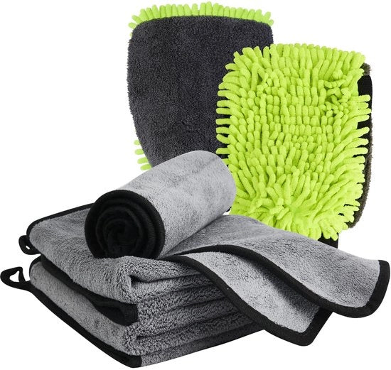 Set di pulizia autoreinigimento 5 pezzi - Set di pulizia con 3 microfazzoletti (600g/m², 40x60cm) & 2 guanti da bucato, per la pulizia dell'interior/exterior di furgoni/motori/biciclette