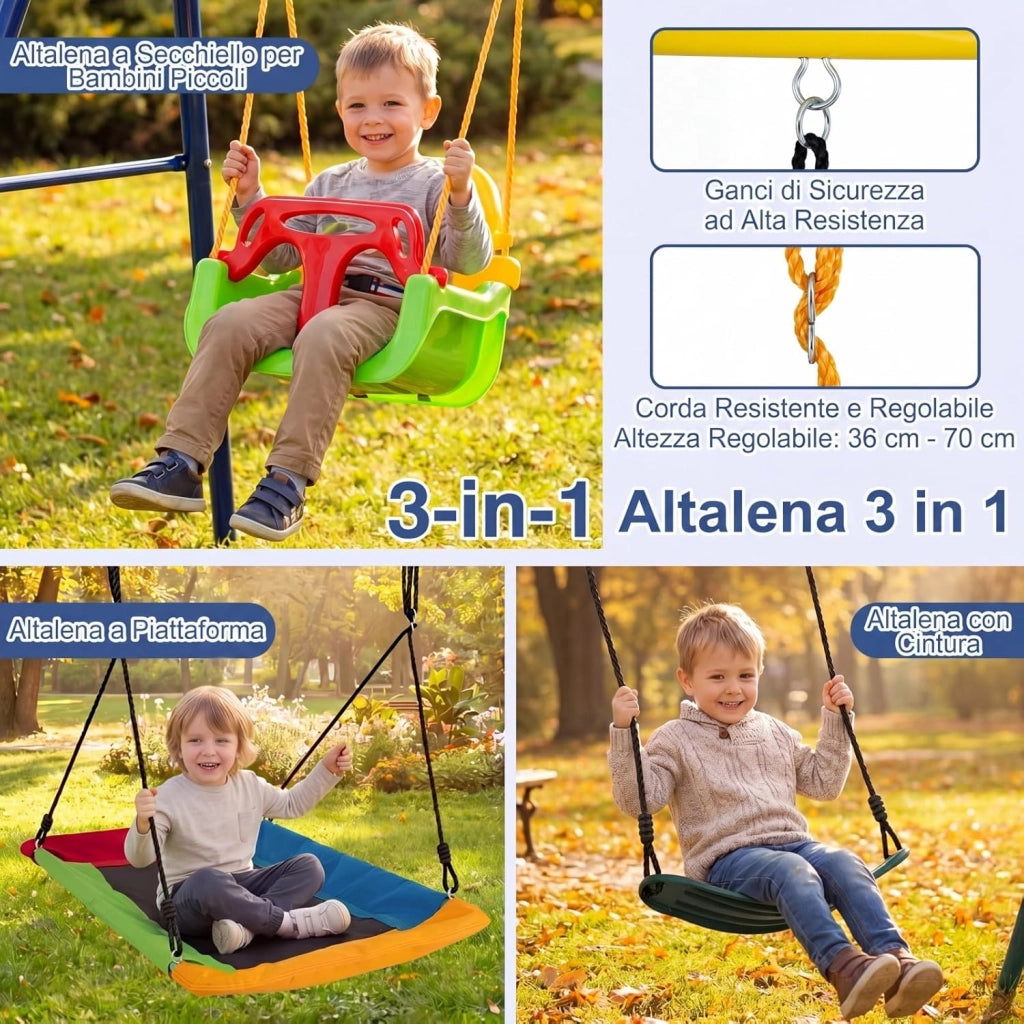 Set di Altalene da Interno e da Esterno, 3 in 1 Altalena da Giardino per Bambini, Corde Regolabili, per Giardino e Parco, Portata 300 kg