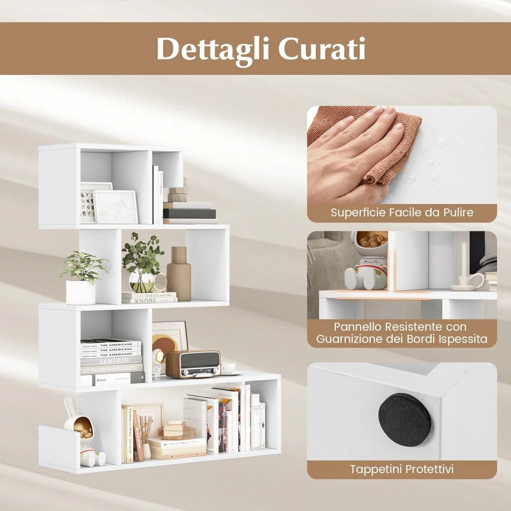 Libreria a Forma di S a 4 Ripiani, Scaffale Aperto Portaoggetti in Legno, Scaffale Verticale Separatore Multifunzionale, per Camera da Letto, Studio, Soggiorno, 80 x 22 x 100 cm (Bianco)