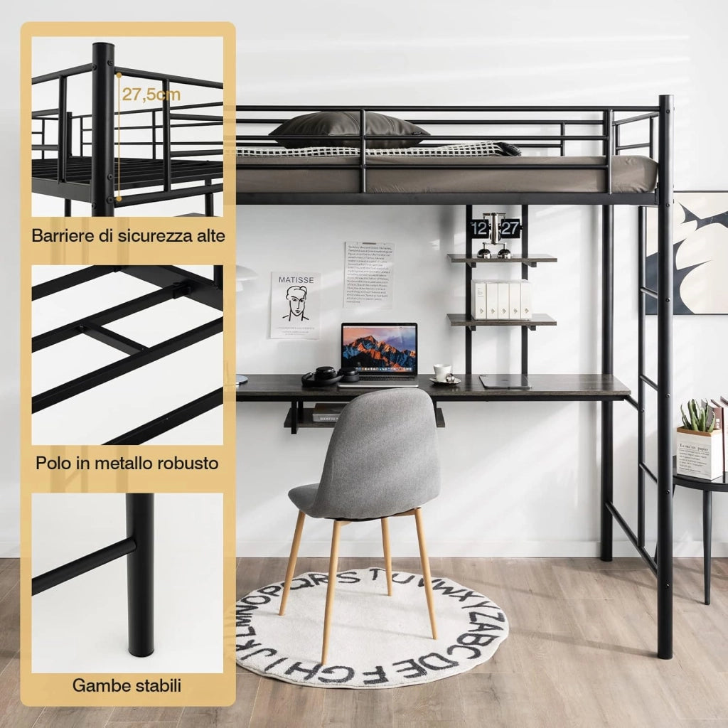 Letto a Soppalco in Metallo, Struttura del Letto Salvaspazio con 2 Scale e Scrivania, Letto a Doghe Ideale per Adolescenti e Adulti, 200x95x180,5 cm (Nero)