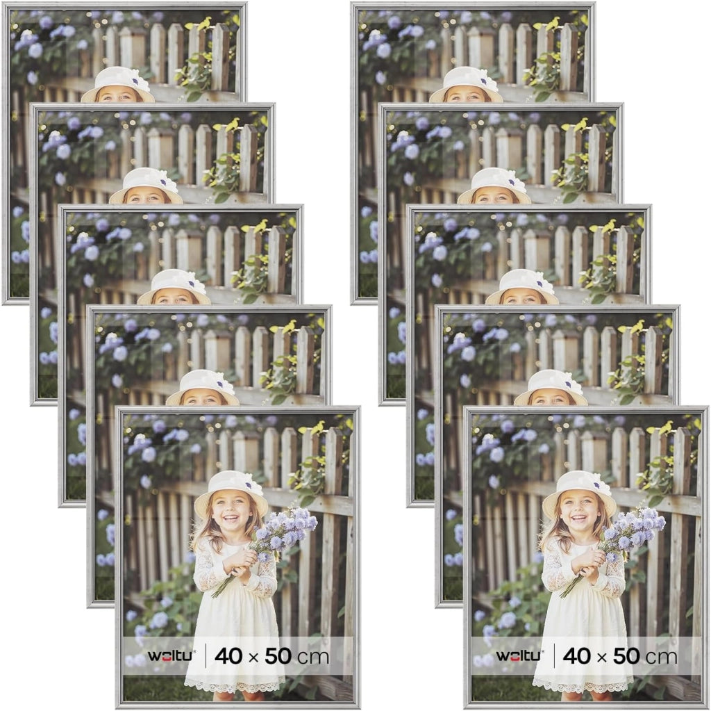 WOLTU Cornice per Foto 40x50 cm Set di 10 Cornice da Parete e Tavolo, Portafoto con Cornice in Legno Massello e Pannello in Plastica, Collage Foto, Argento
