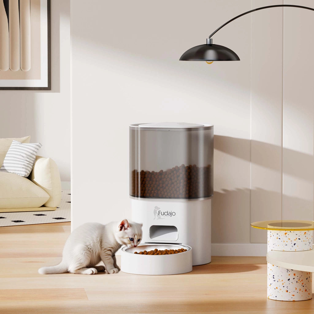 Fudajo Mangiatoia e abbeveratoio automatico per cani e gatti, distributore automatico di cibo da 3 litri e abbeveratoio da 2,5 litri, controllo mangime via app, colore bianco