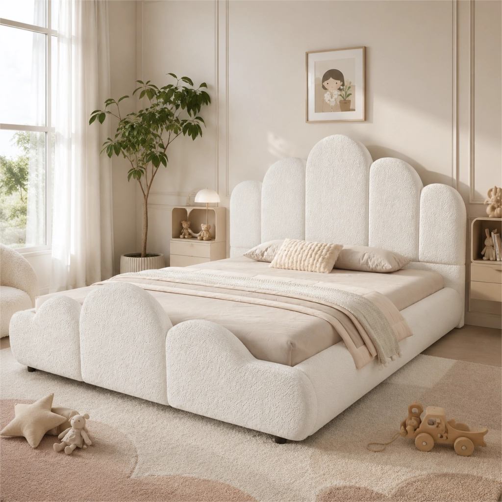 Letto Singolo 140x200 cm; con testiera imbottita; angoli arrotondati; bouclé beige