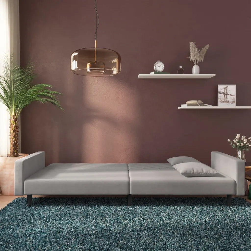Divano Letto a 2 Posti con 2 Cuscini Grigio Chiaro in Velluto 375918