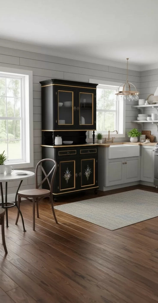 Cristalliera 2 porte shabby legno nero decorata filo oro 104x43x208 - Mobili 2G