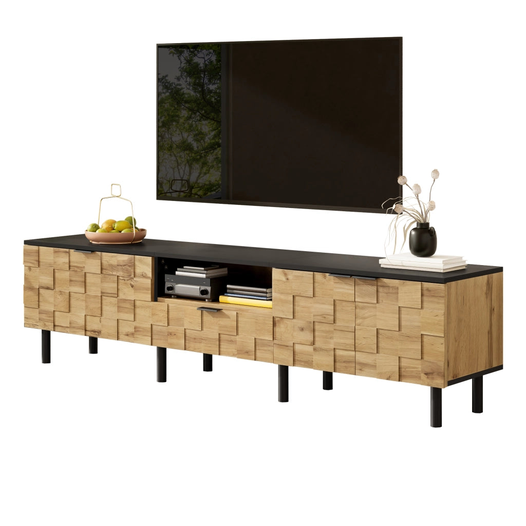 Mobile porta TV con 2 ante, 1 cassetto e vano aperto, design mosaico, in truciolato, naturale, 170 × 35 × 44,5 cm