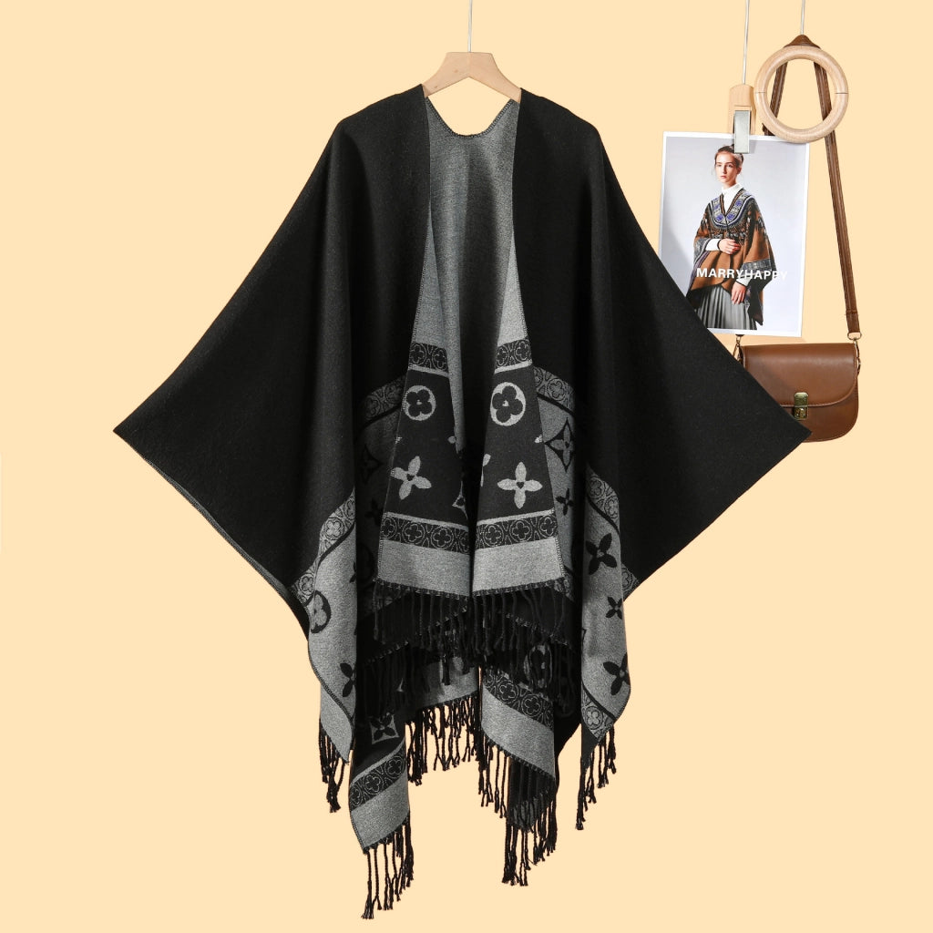 Elegante scialle/mantella, calda cappa da donna in stile streetwear