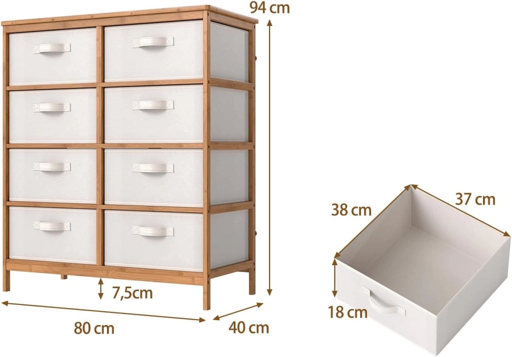 Cassettiera con 8 cassetti in tessuto, cassettiera con protezione antiribaltamento, armadio sottile con superficie in bambù, per camera da letto, soggiorno, ufficio