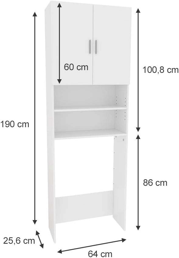 Mobile lavatrice Martha, Bianco, 64 x 190 cm con 2 ante corte, per la conservazione di detersivi e accessori da bagno