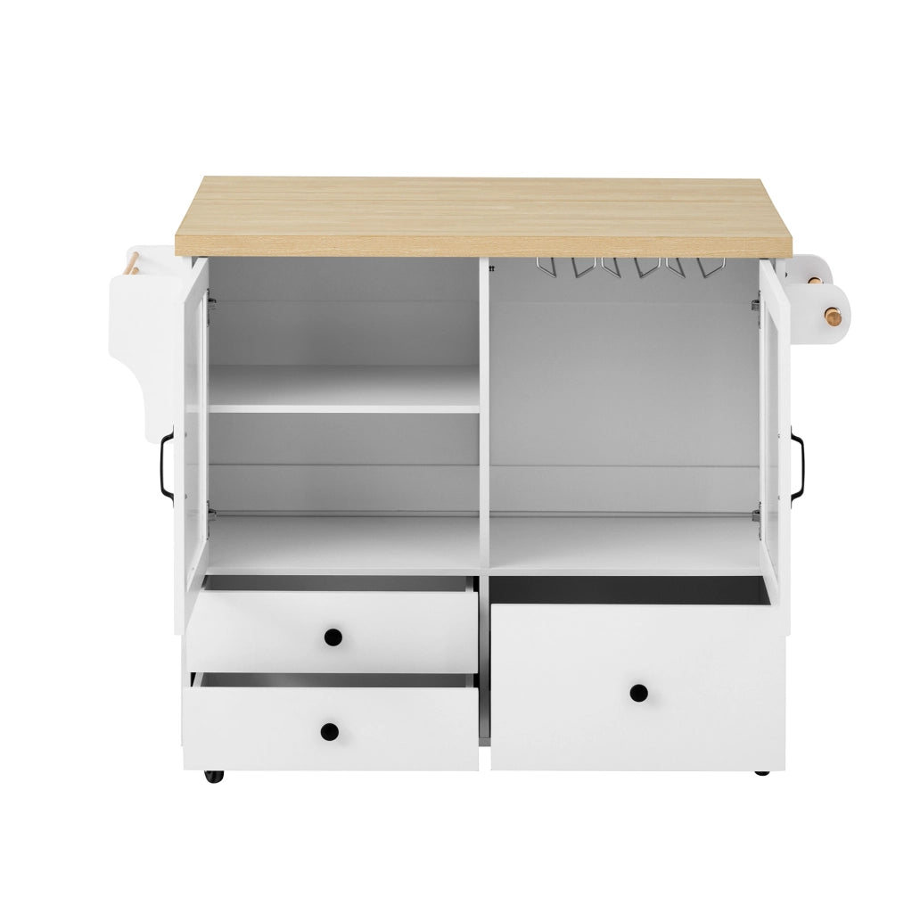 isola cucina mobile bianca e legno con piano estensibile, ripiani e ruote