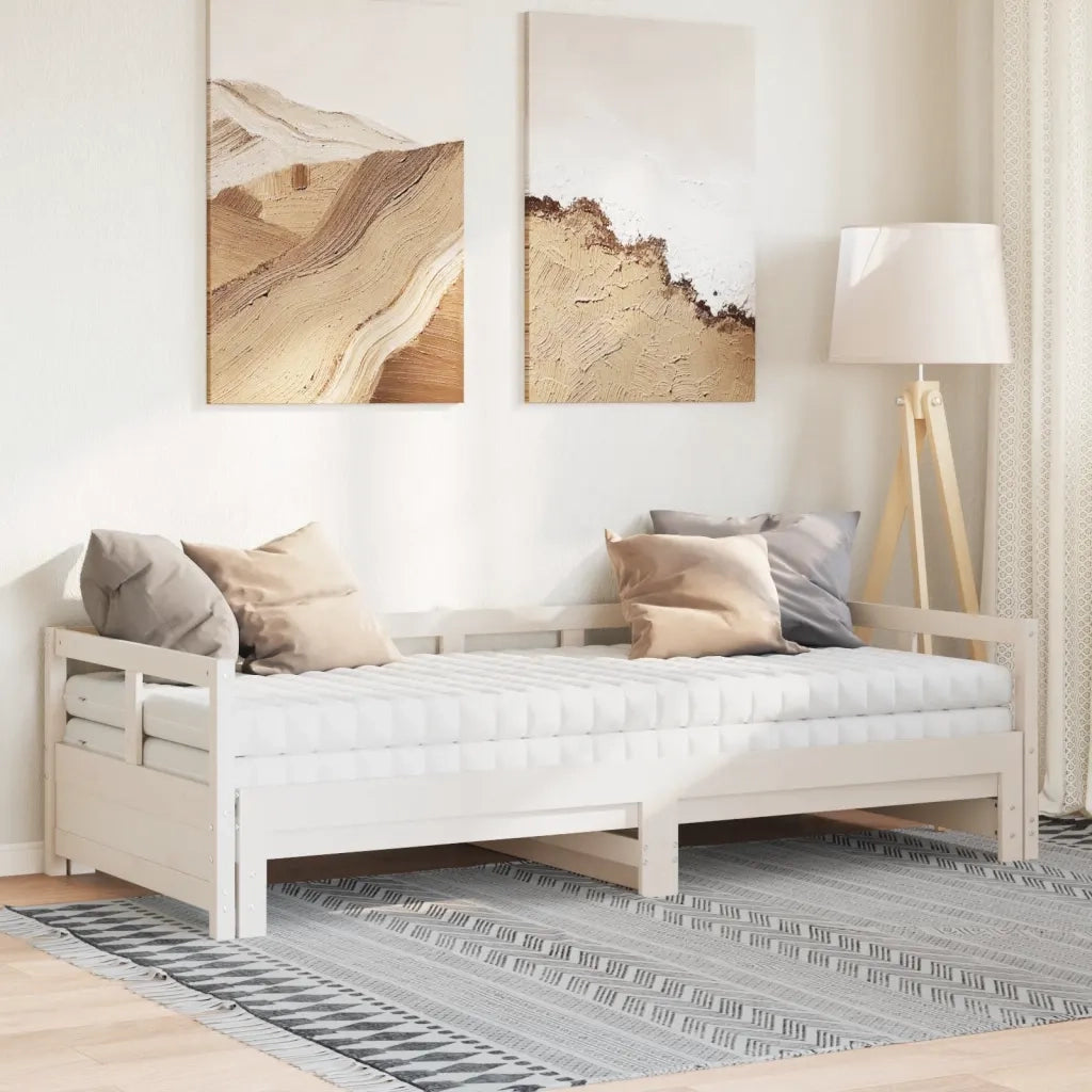 vidaXL Divano Letto con Rotelle e Materasso Bianco 90x200cm Legno Pino