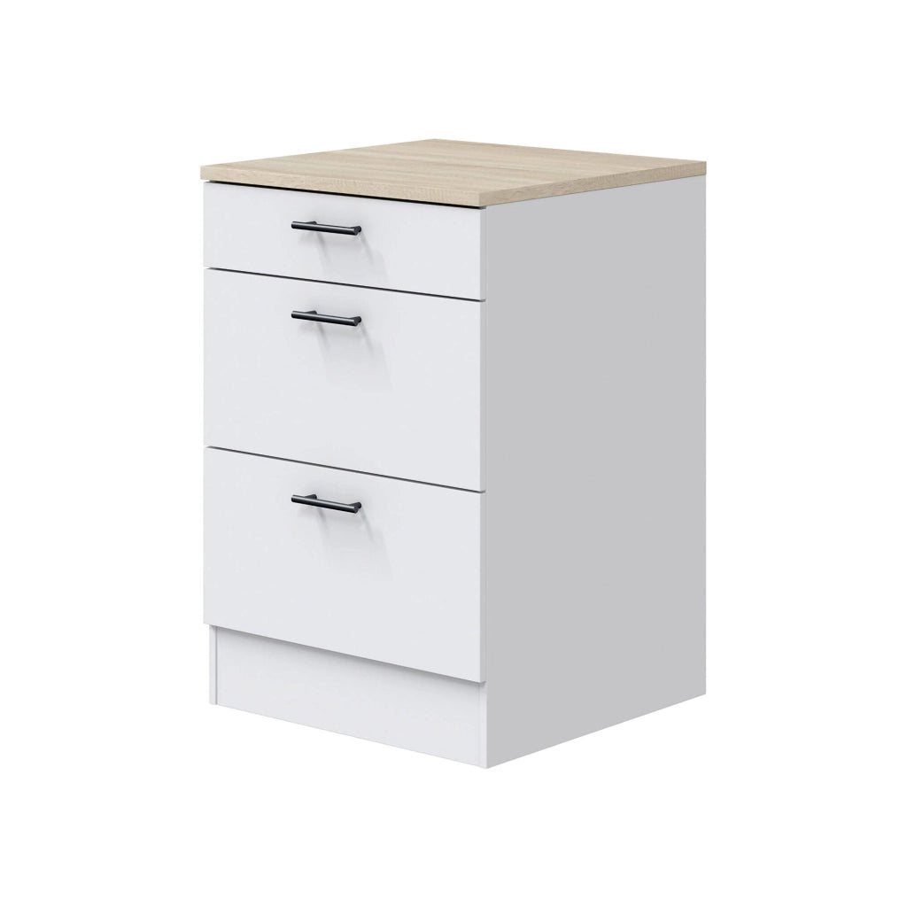 Mobile 3 cassetti Sirea, Cassettiera da cucina, Modulo contenitore con cassetti, Base con cassetti estraibili, 60x60 h90 cm, Bianco e Rovere