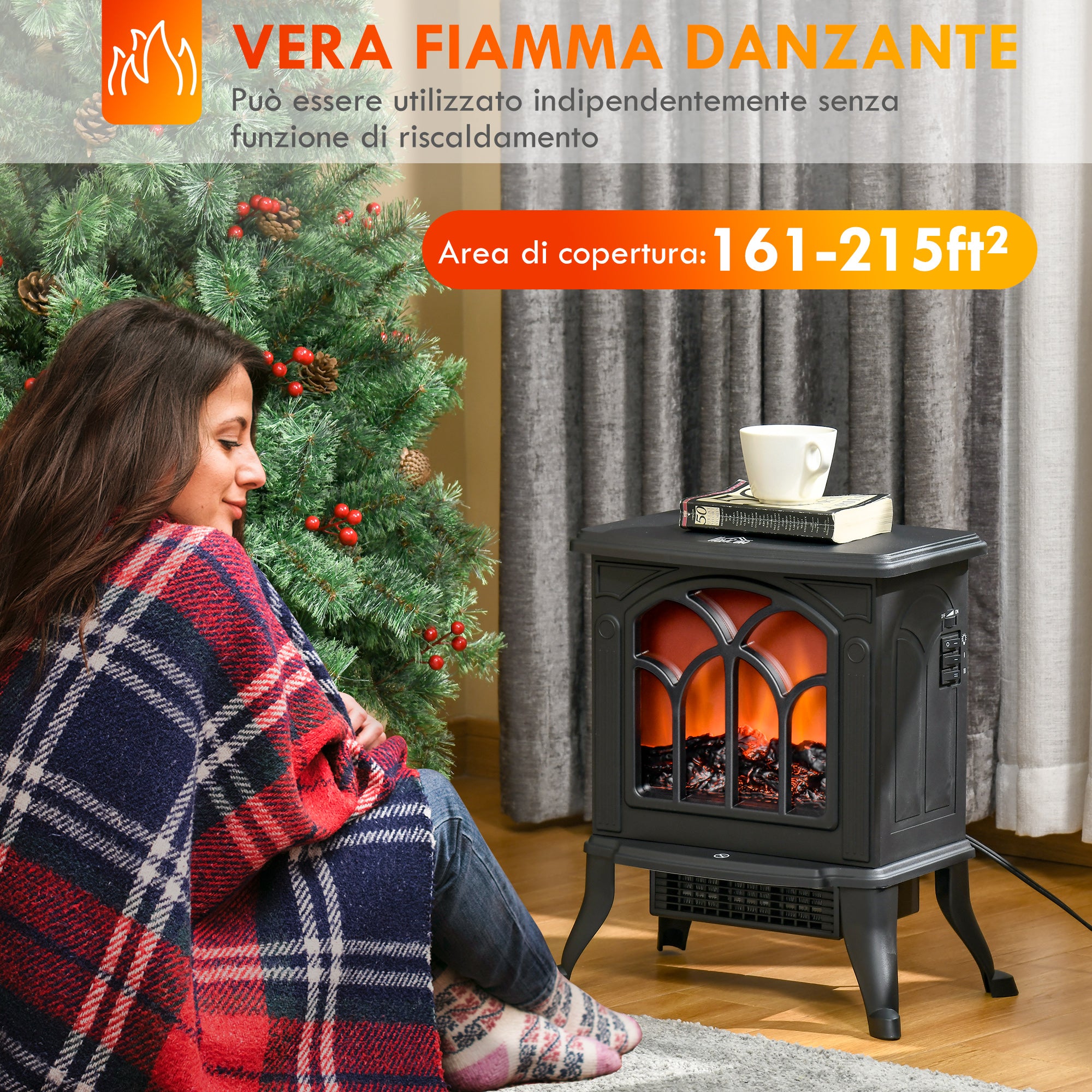 Camino Elettrico da Terra con 2 Livelli di Potenza 750-1500W Effetto Fiamma 37,3x23,1x44 cm Nero