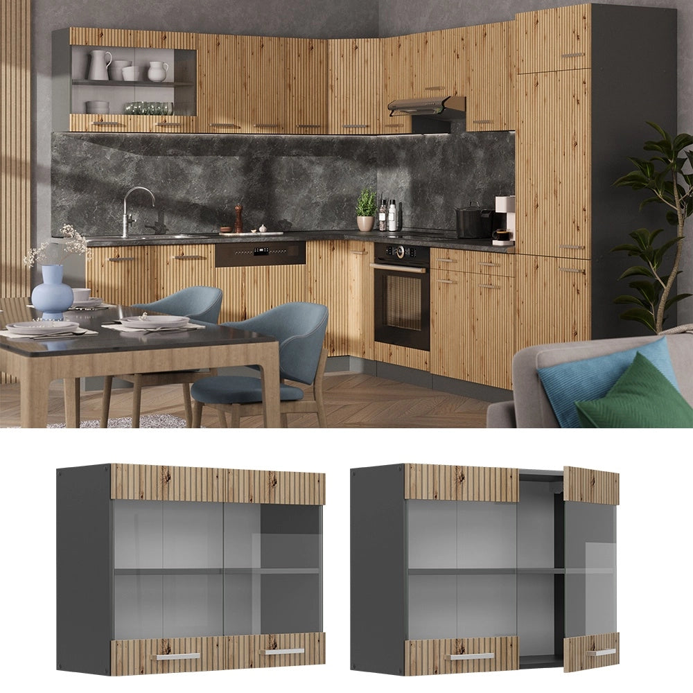 Mobile da cucina in vetro R-Line Rovere artigianale/Antracite 80 cm Vicco