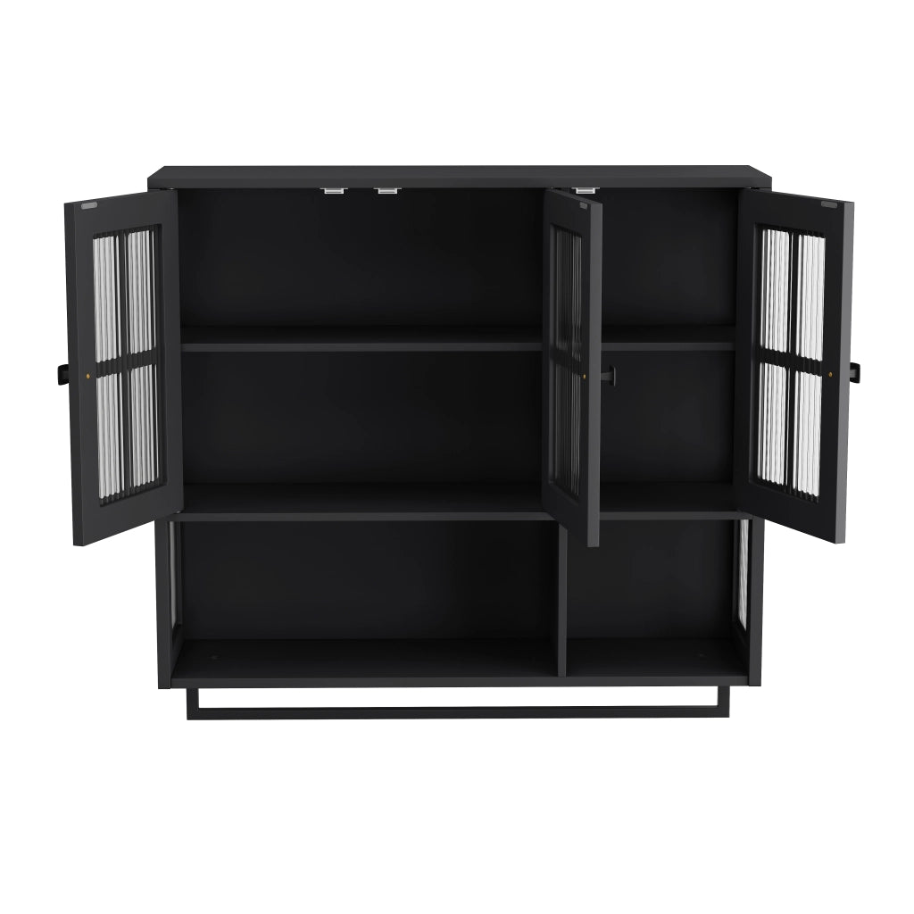OKWISH Armadietto bagno pensile con 3 ante, ripiani rimovibili e portasciugamani, 88×26×82.5 cm, nero