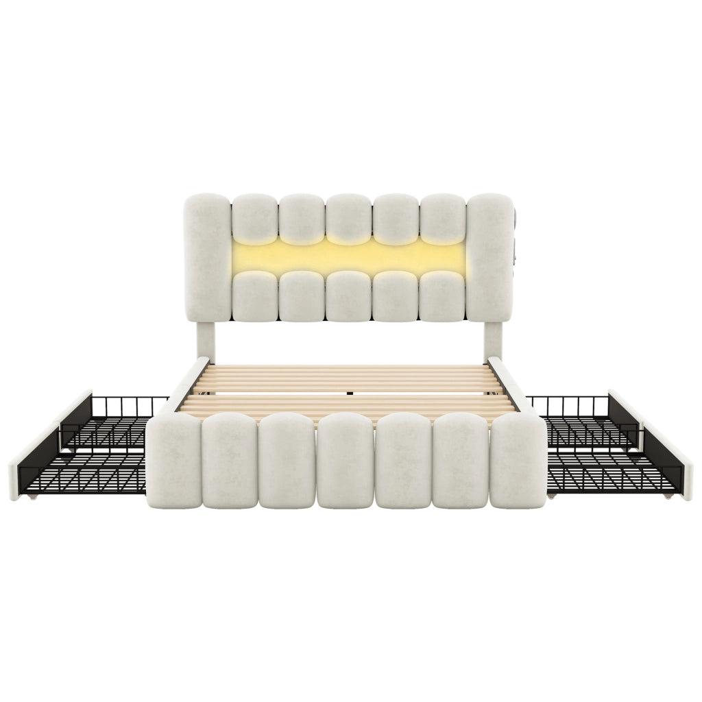 Letto con Cassetti 140×200 cm; Letto Matrimoniale con 4 Cassetti; USB; Altoparlanti e LED; senza Materasso; Beige
