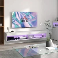 Mobile TV Sospeso con Illuminazione LED per TV fino a 75 Pollici, Ripiani, 180L x 40l x 30H cm, Bianco