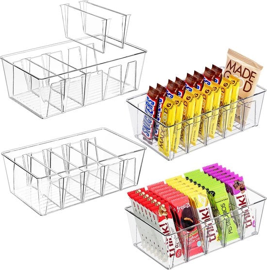 Snackopbergdoos a 4 piani, organizzatore alimentare da 4 contenitori, imballaggio BPA-free, contenitore con 4 distributori rimovibili, organizzazione della dispensa, contenitore da cucina