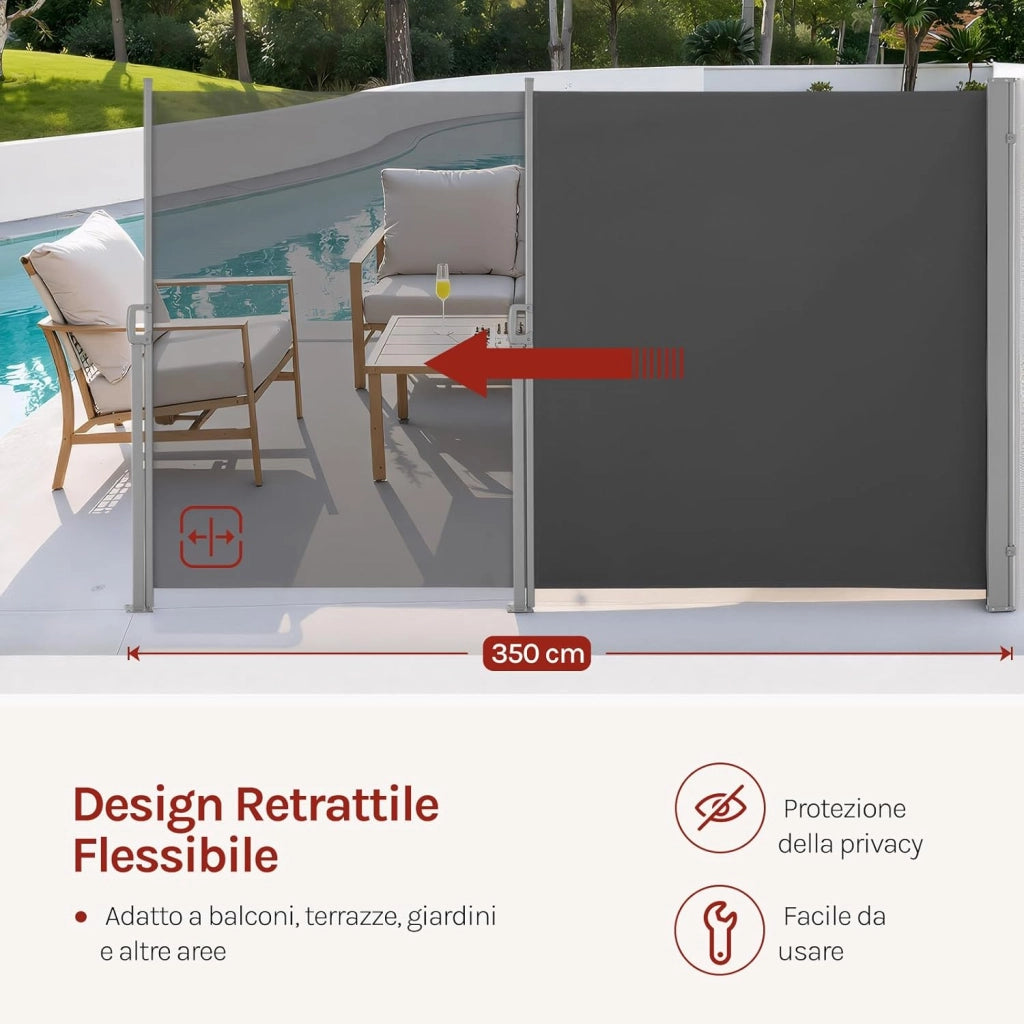Paravento Esterno, Tenda Laterale Retrattile, 180x350 cm, Frangivista, Protezione Solare & Antivento, per Giardino, Balcone, Terrazza, Patio, Antracite